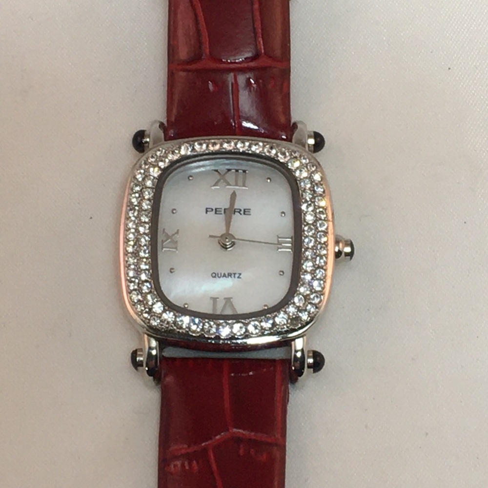 Square Crystal Bezel Watch with Red Leather Strap